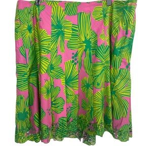 Lilly Pulitzer Plisse Green Pink Hawaiian Floral Scallop Eyelet Hem Skirt